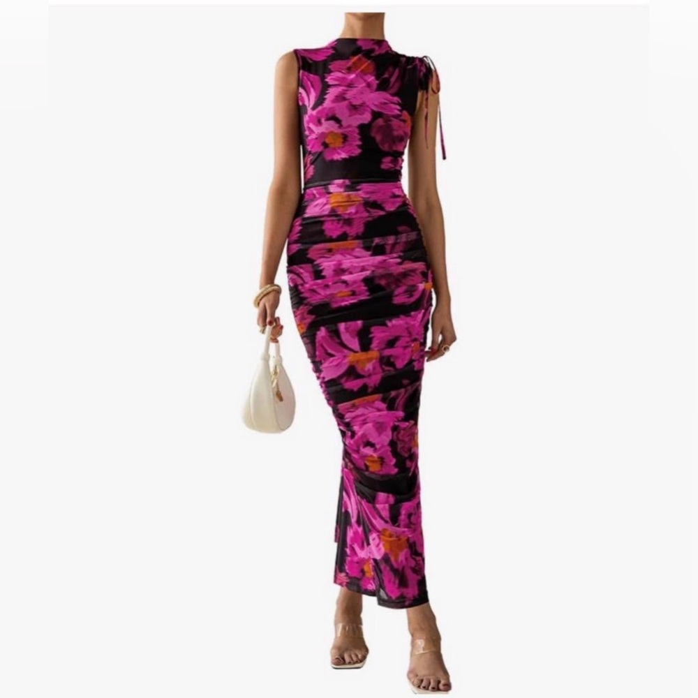 Women's Summer Floral Dresses Ruched Bodycon Sleeveless Mesh FormalWedding Guest